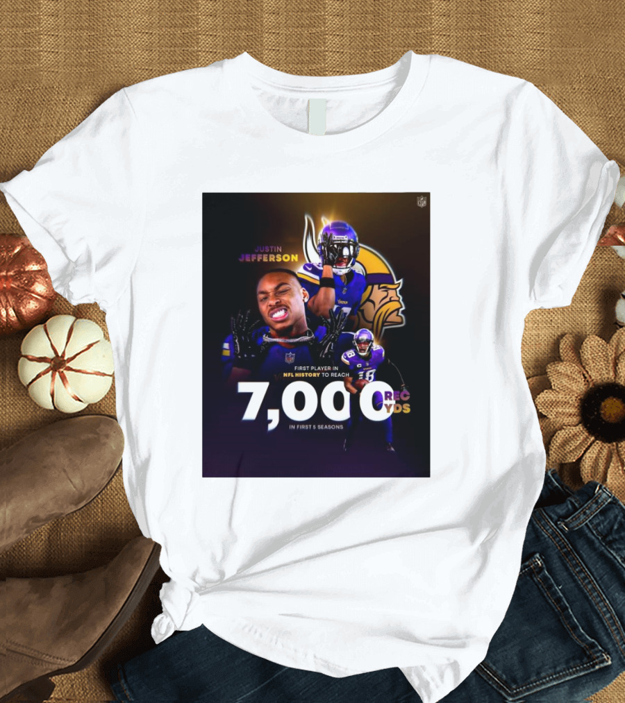 Justin Jefferson Minnesota Vikings NFL History 7000 Rec Yds First 5 Seasons T-Shirt