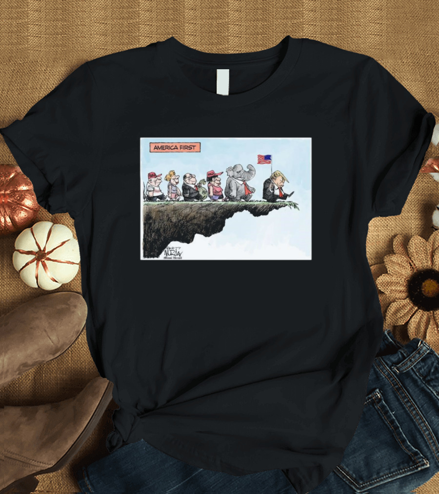 America First Donald Trump Maga Political Cartoon Painting Cliff Flag T-Shirt