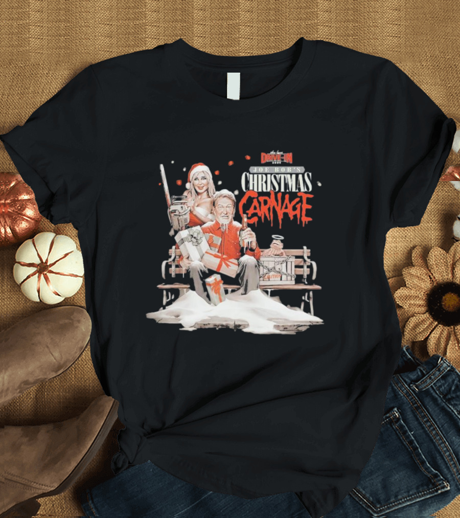 Joe Bob Briggs Drive-In Christmas Carnage Santa Chainsaw T-Shirt