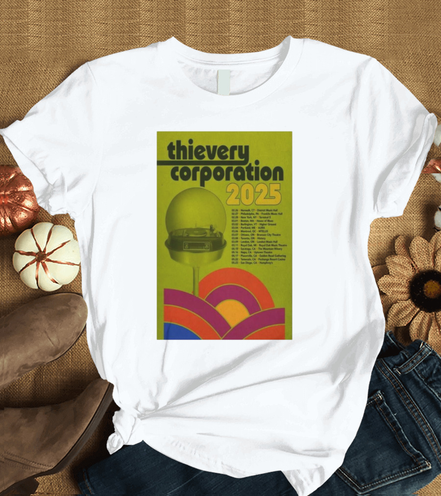Thievery Corporation 2025 Tour Poster Newark to San Diego Event Dates T-Shirt