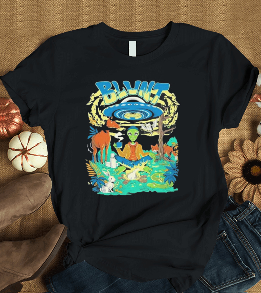 Blunt UFO Alien Smoking Forest Scene T-Shirt