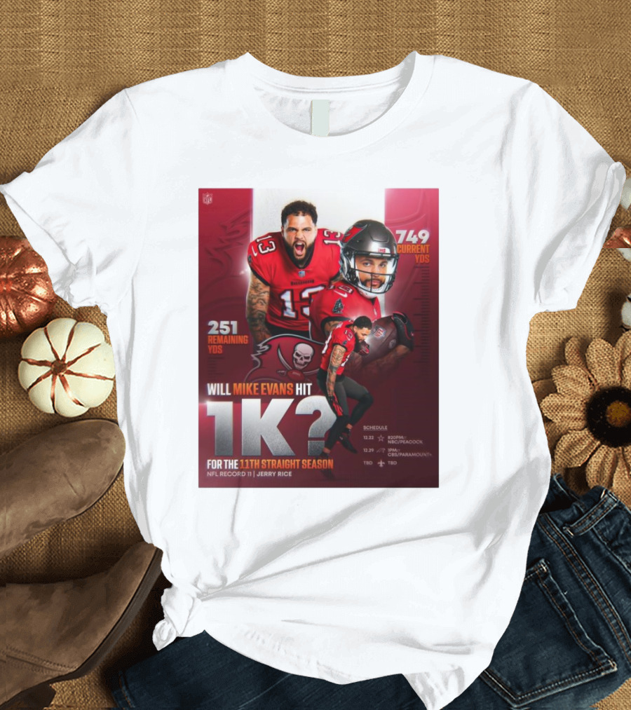 Tampa Bay Buccaneers Will Mike Evans Hit 1K for the 11th Straight Season NFL Record 11 Jerry Rice T-Shirt
