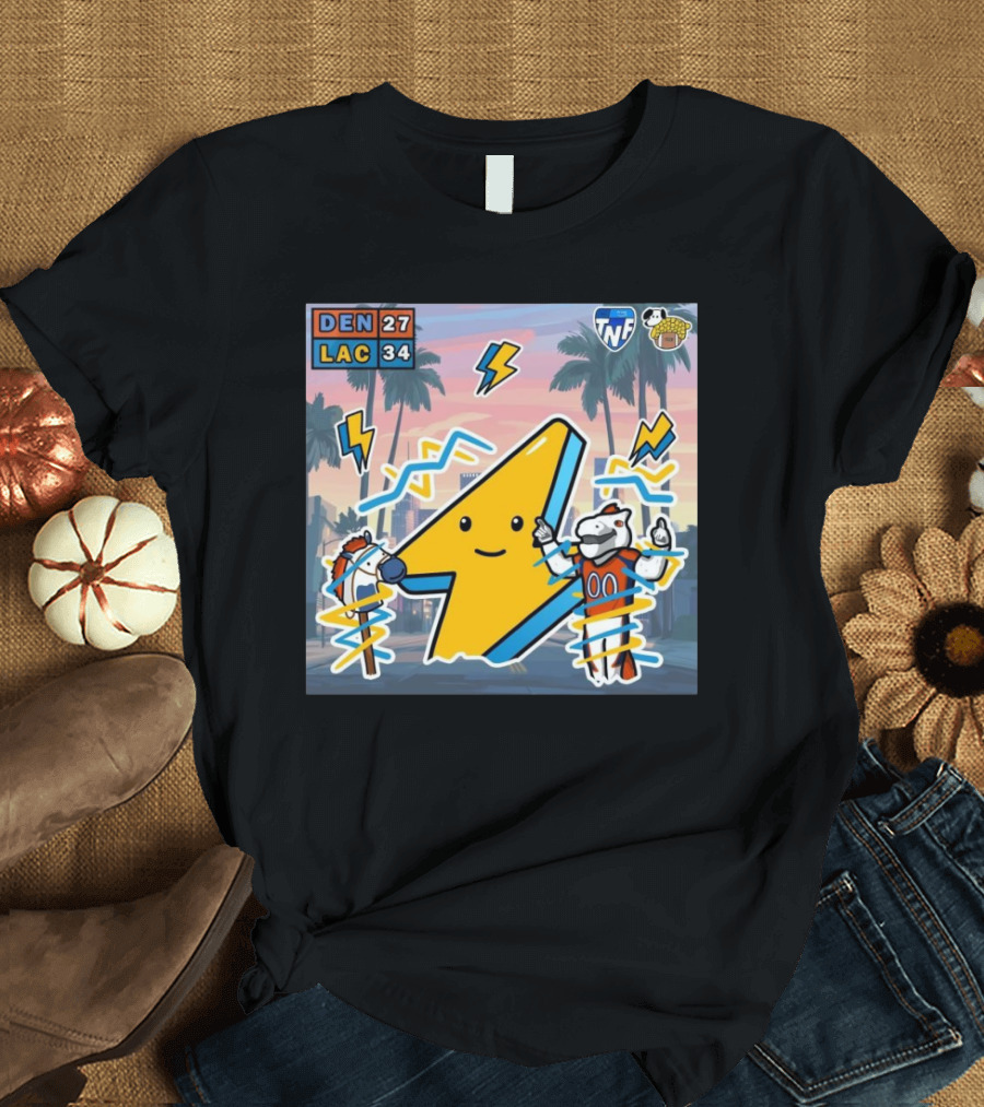Denver Broncos Vs Los Angeles Chargers 27 – 34 NFL Victory Doodles Chargers Shock Broncos Palm Trees Lightning Character T-Shirt