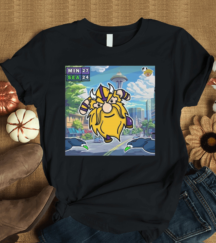 Minnesota Vikings 27-24 Seattle Seahawks Week 16 NFL Victory Cartoon Scene T-Shirt