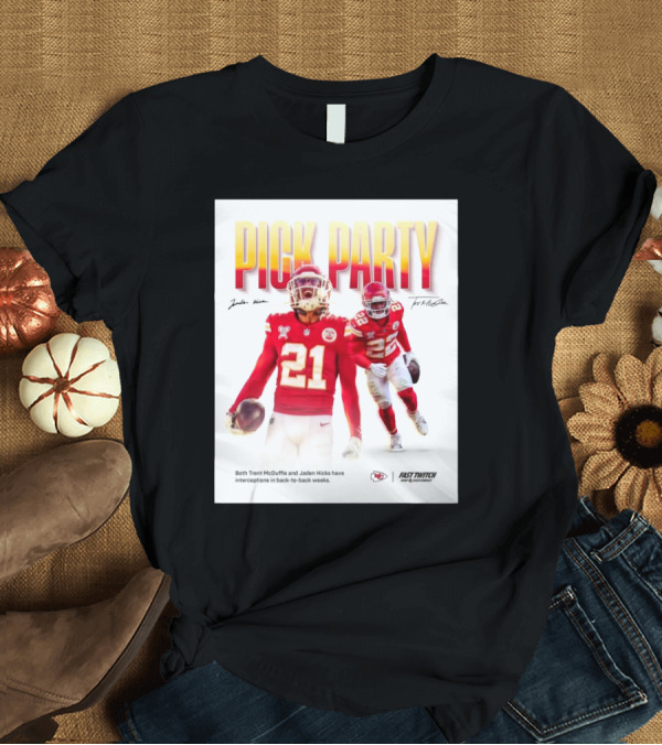 T-Shirt: Kansas City Chiefs Pick Party Trent McDuffie Jaden Hicks Interceptions Back-to-Back Weeks Signature T-Shirt Kansas City Chiefs Pick Party Trent McDuffie Jaden Hicks Interceptions Back-to-Back Weeks Signature T-Shirt