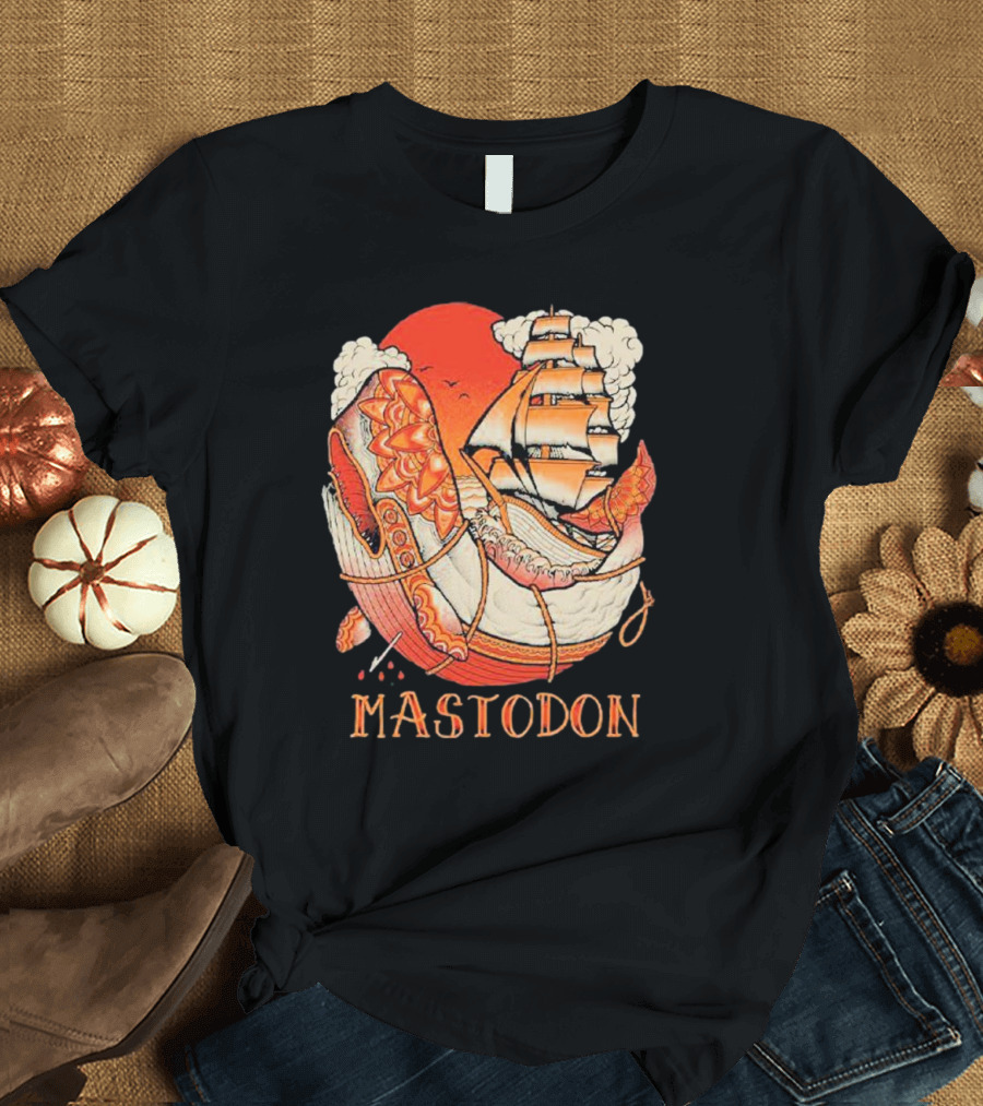 Mastodon Whale Tattoo Ship Against Red Sun T-Shirt