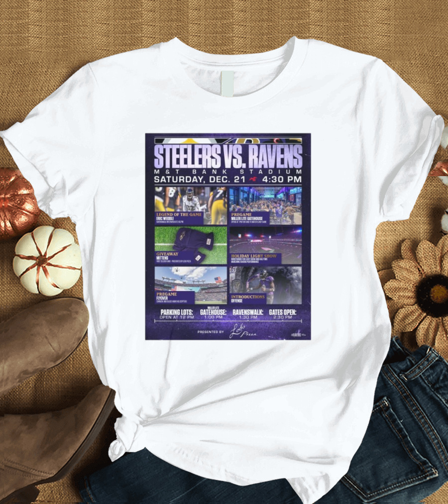 Steelers vs Ravens M&T Bank Stadium Saturday Dec 21 Legend of the Game Eric Weddle Ravenswalk 1:30 PM Giveaway Mittens Holiday Light Show Introduction