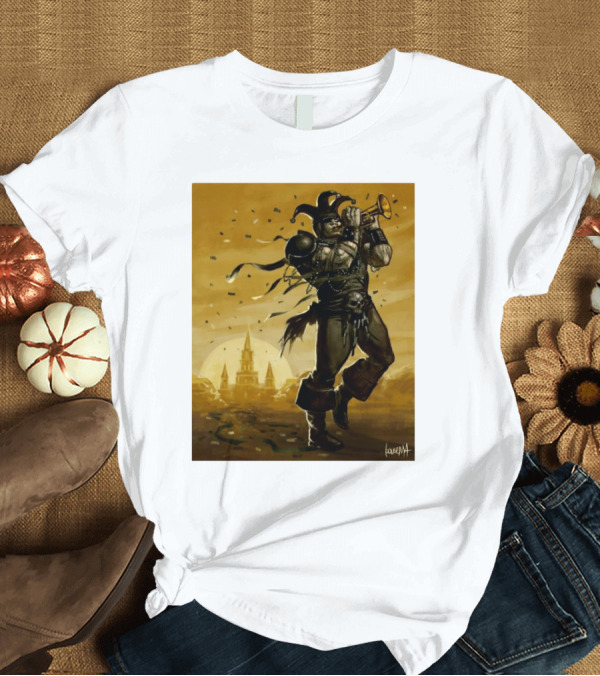 T-Shirt: Las Vegas Raiders vs New Orleans Saints Jester Trumpet Celebration Illustrative Painting T-Shirt Las Vegas Raiders vs New Orleans Saints Jester Trumpet Celebration Illustrative Painting T-Shirt