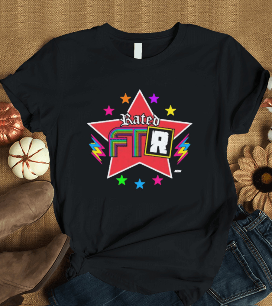 Rated FTR Adam Copeland AEW Star with Lightning and Colorful Retro Stars T-Shirt