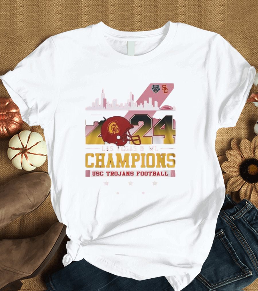 USC Trojans Football 2024 Las Vegas Bowl Champions Skyline Helmet T-Shirt