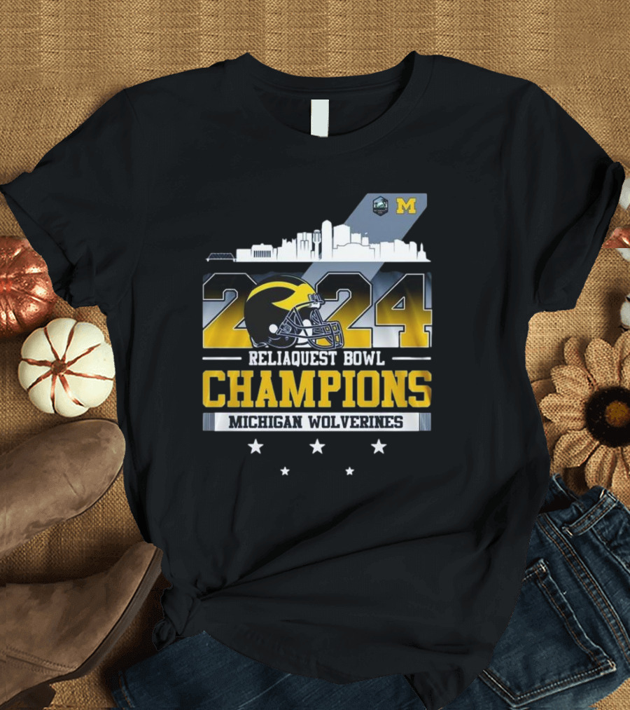 Michigan Wolverines 2024 Reliaquest Bowl Champions Skyline Helmet T-Shirt