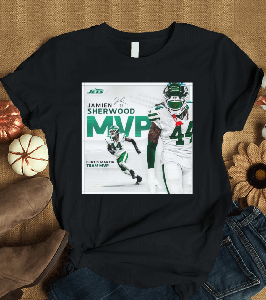 Jamien Sherwood New York Jets 2024 Curtis Martin Team MVP Signature 44 T-Shirt