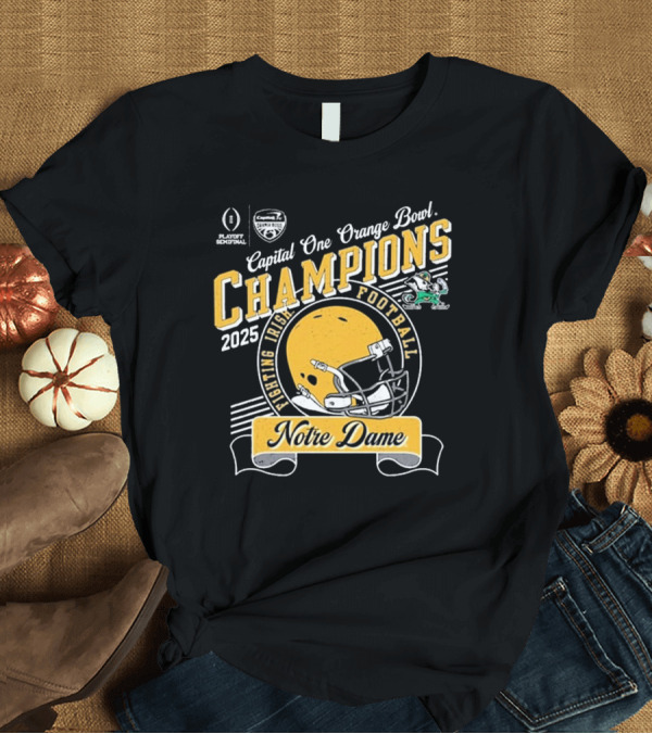 T-Shirt: Notre Dame Fighting Irish Football 2025 Playoff Semifinal Capital One Orange Bowl Champions Helmet T-Shirt Notre Dame Fighting Irish Football 2025 Playoff Semifinal Capital One Orange Bowl Champions Helmet T-Shirt