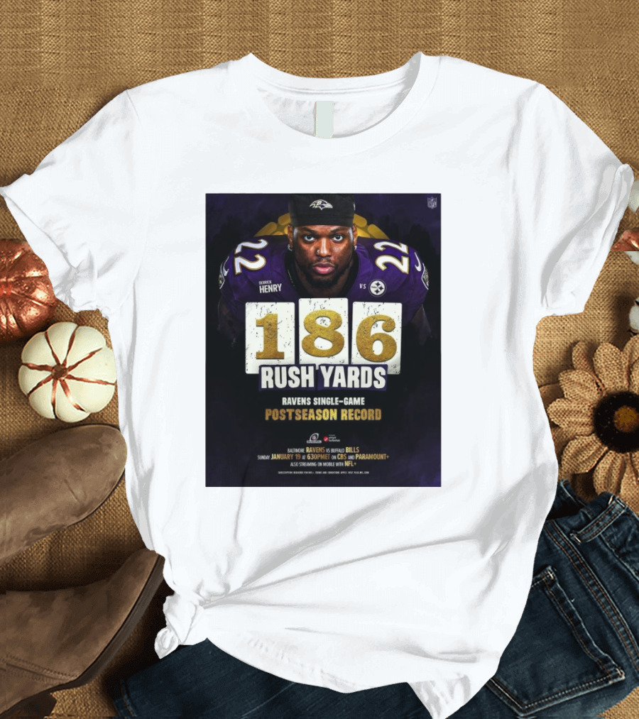 Derrick Henry Jr. 186 Rush Yards Ravens Single-Game Postseason Record Vs Steelers T-Shirt