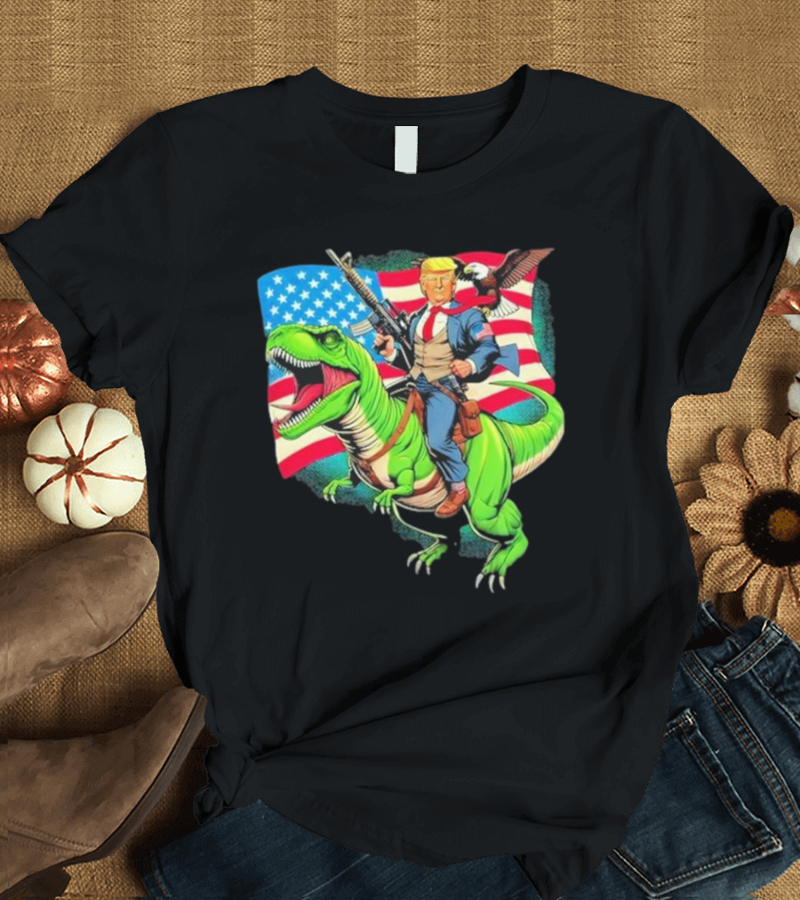 Bald Eagle US Flag Trump Dinosaur Riding Patriotic Scene T-Shirt