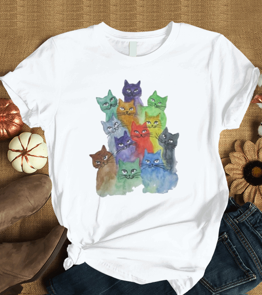 Cats All Around Colorful Watercolor Feline Faces T-Shirt