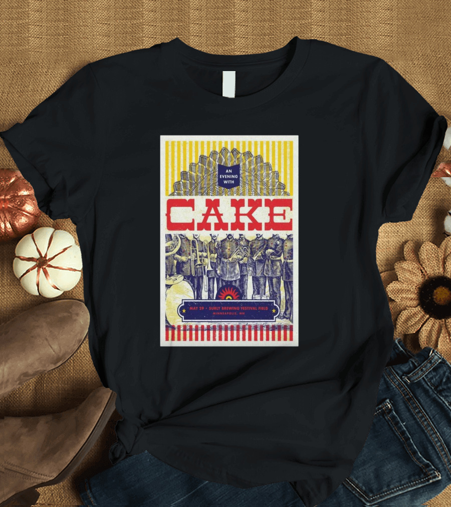 An Evening With Cake May 29 2025 Surly Brewing Festival Field Minneapolis MN Striped Sunburst with Soldiers and Animals T-Shirt