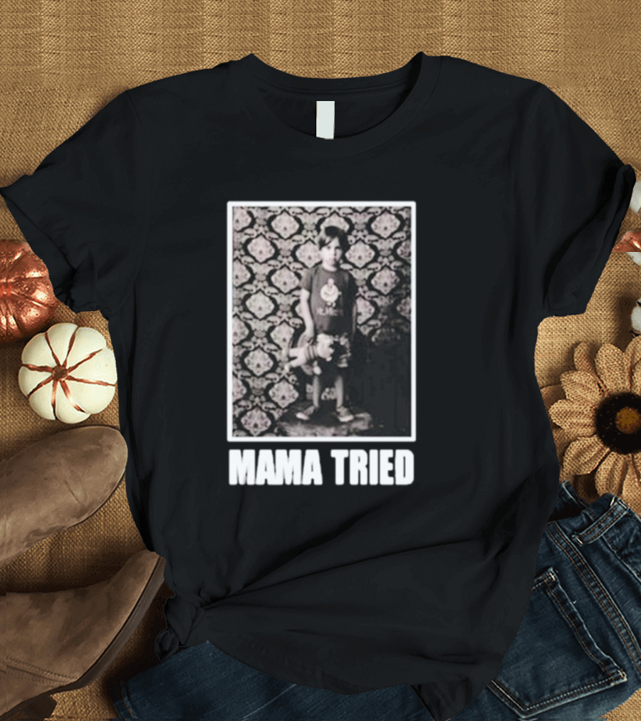 James Clark Mama Tried Child Holding Teddy on Abstract Wallpaper T-Shirt