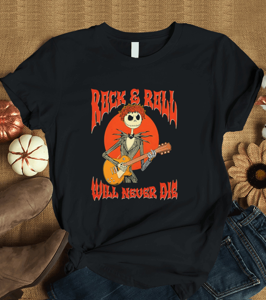 Rock and Roll Will Never Die Jack Skellington Playing Guitar T-Shirt
