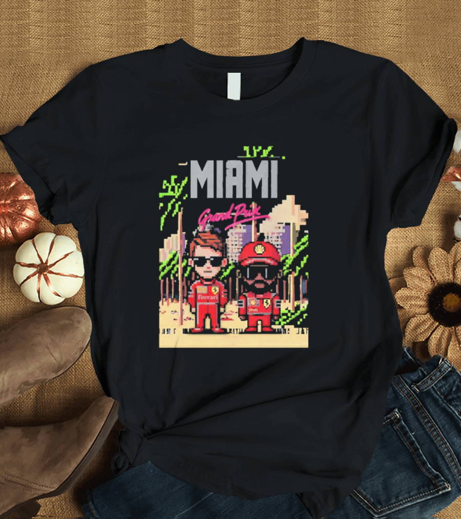 Lewis Hamilton Charles Leclerc Ferrari Team Pixel Style Miami Grand Prix 2025 T-Shirt