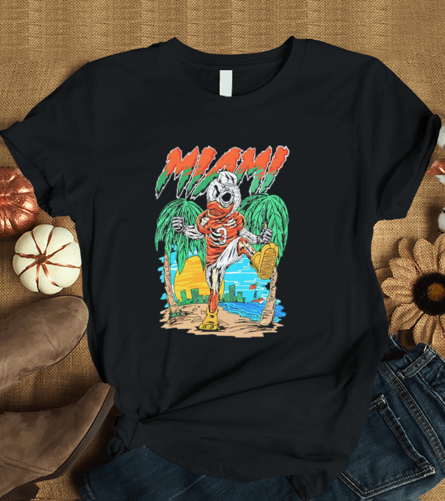 Miami Hurricanes Sebastian the Ibis Palm Trees Cityscape Sunrise T-Shirt