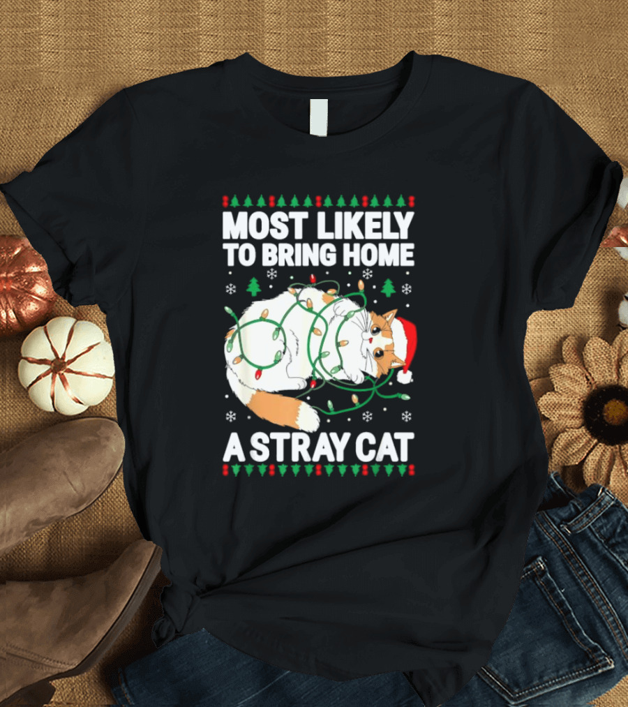 Most Likely To Bring Home A Stray Cat Christmas Lights Santa Hat Festive Holiday Cat T-Shirt