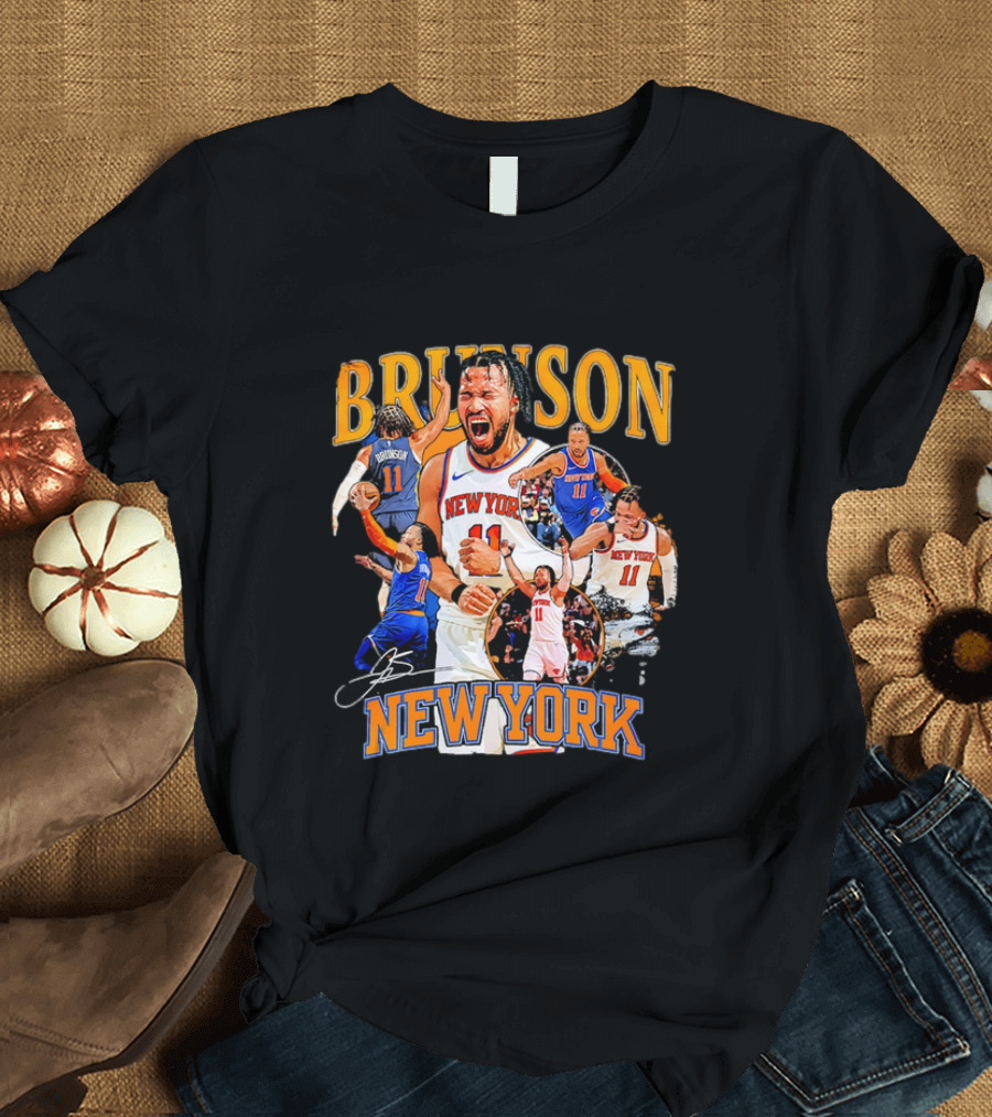 New York Knicks Fans Jalen Brunson Signature New York Basketball Player Action Collage T-Shirt