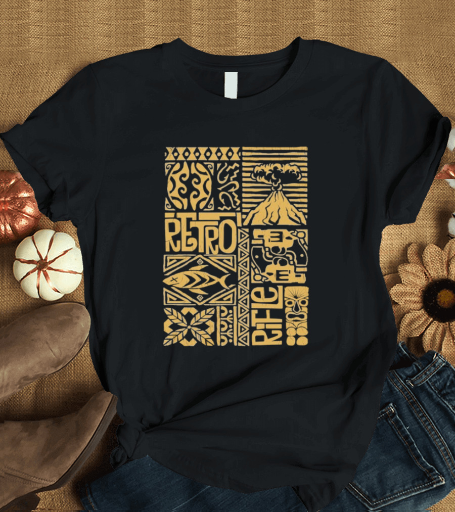 Retro Rifle Lei Em Down Pacific Island Tiki Volcano Palm Tree Ocean Waves Design T-Shirt
