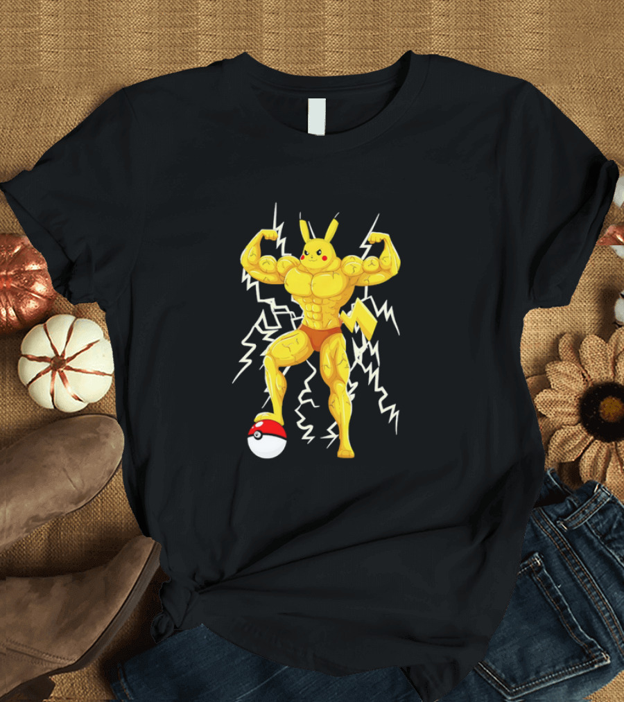 Muscled Pikachu Pumpachu with Lightning and Poké Ball T-Shirt