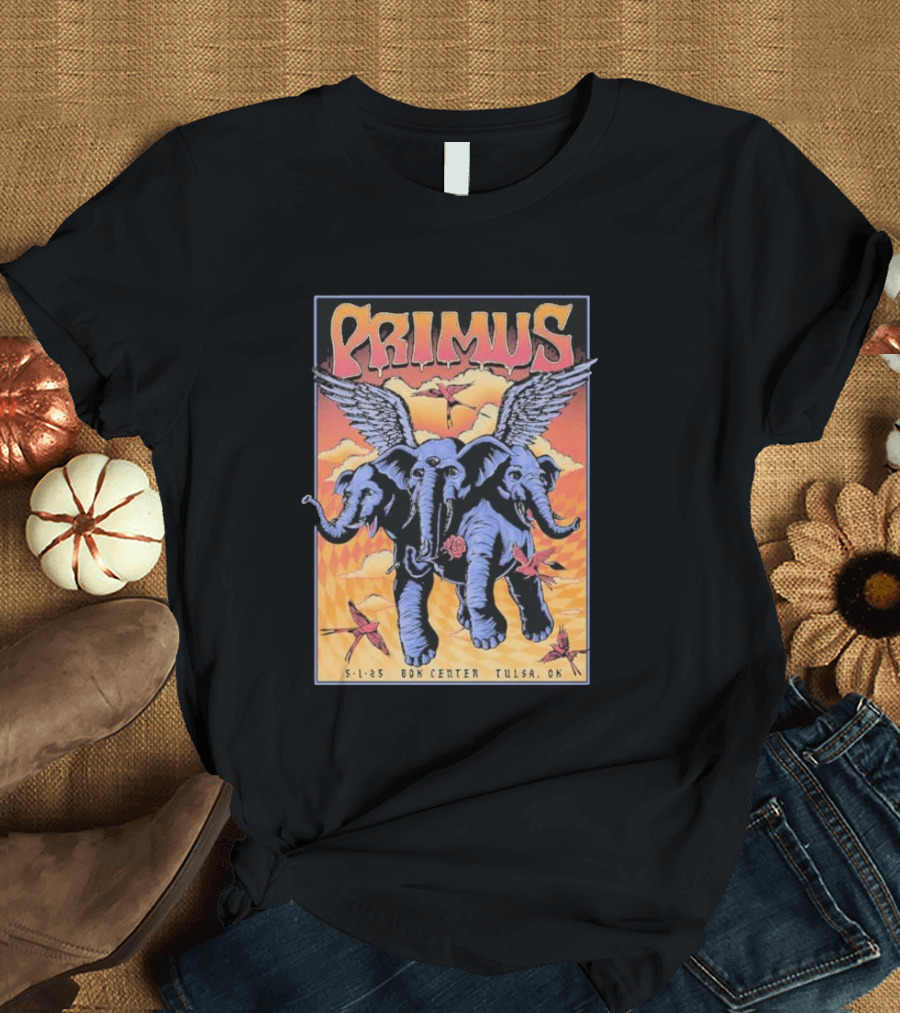 Primus Event Show F4D Studios May 1 2025 Tulsa BOK Center Winged Blue Elephants and Orange Sky Art T-Shirt