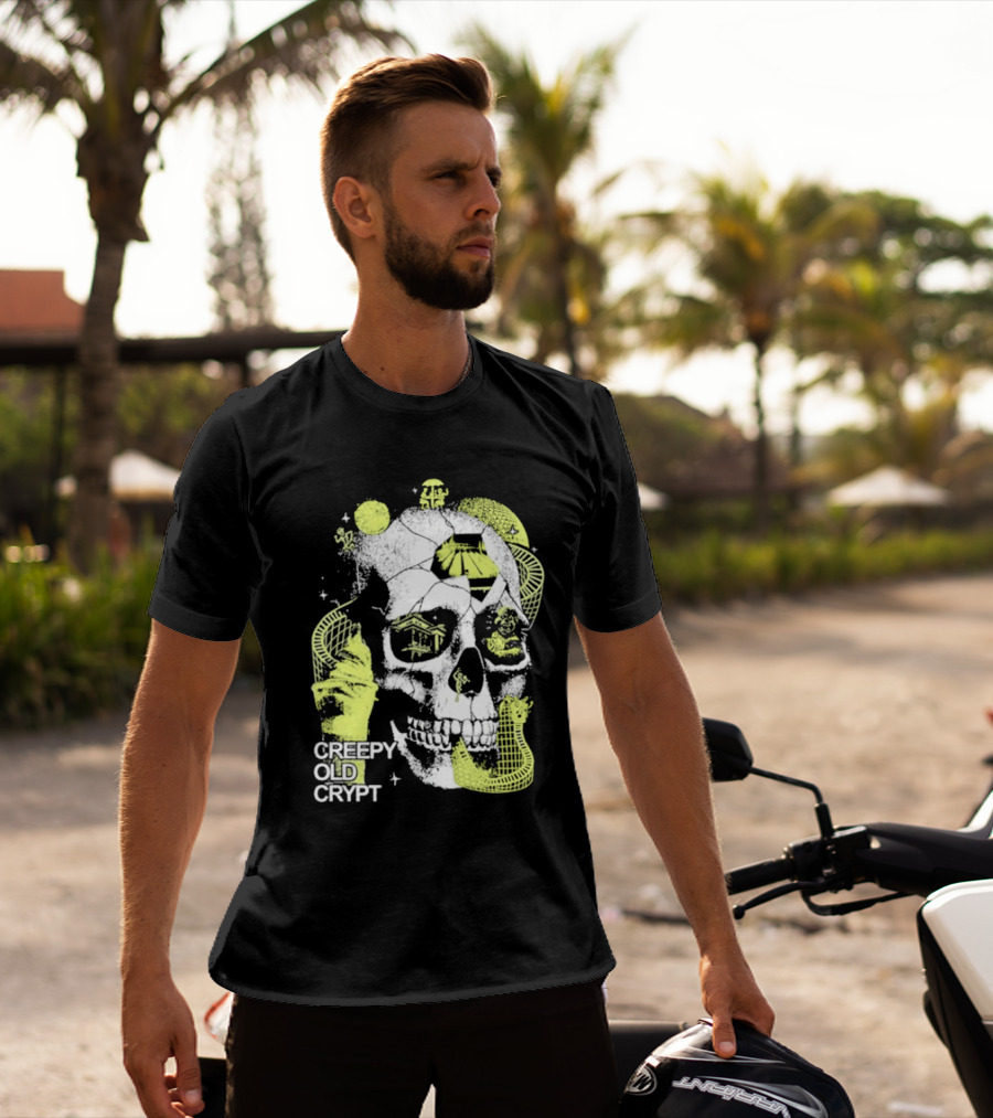 Rocco Botte Creepy Old Crypt Skull Neon Aesthetic T-Shirt