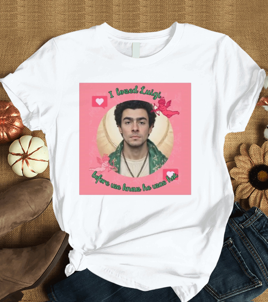 I Loved Luigi Before We Knew He Was Hot Pink Background Heart and Cupid Design T-Shirt
