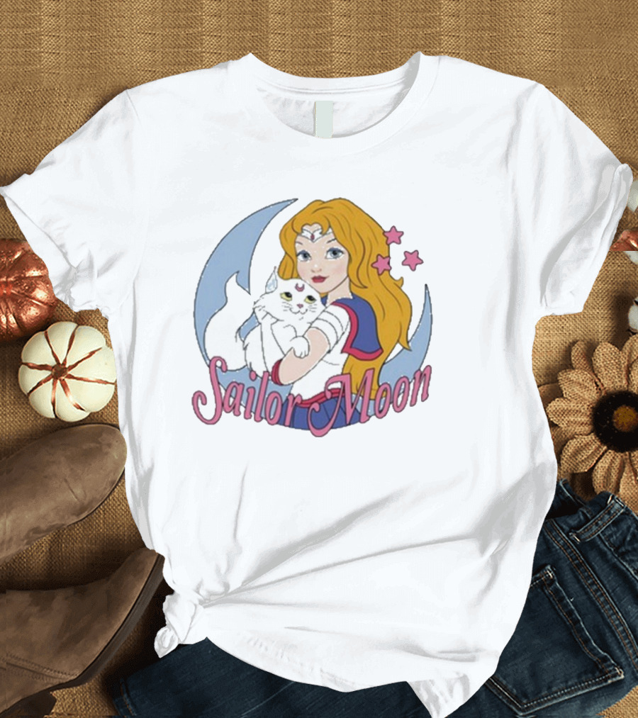 Sailor Moon Holding White Cat with Stars T-Shirt