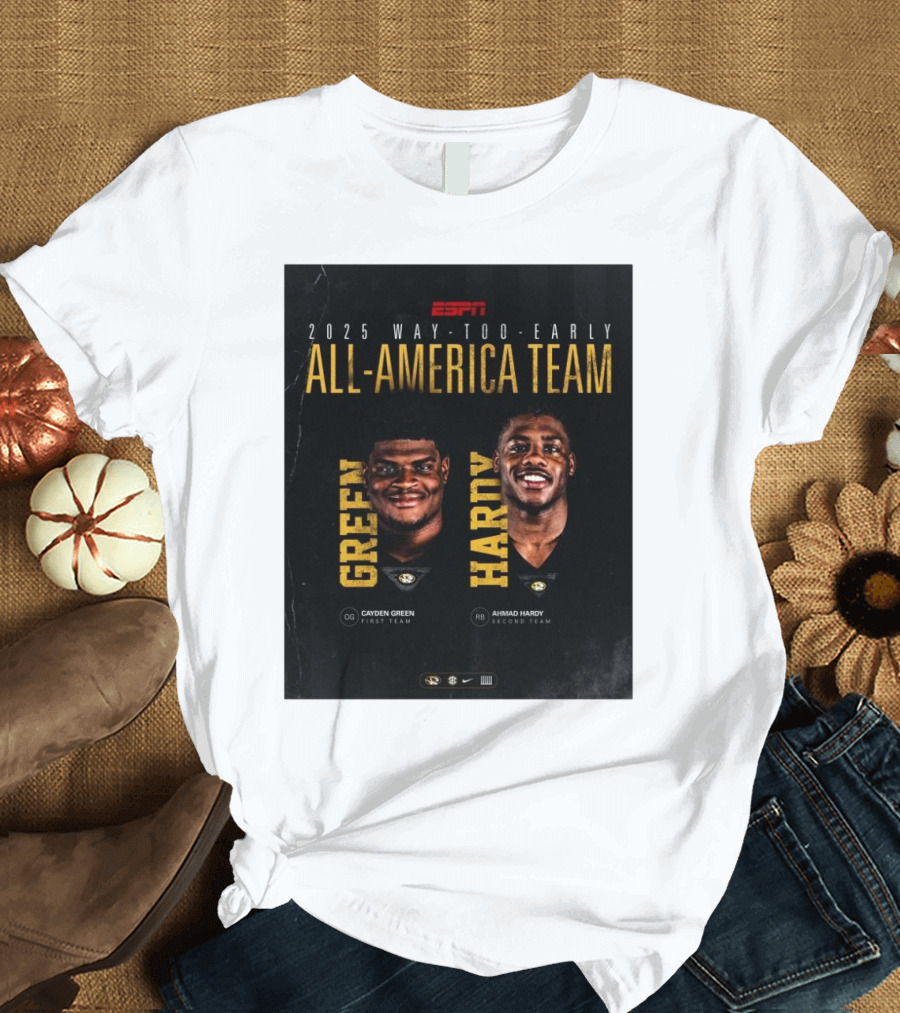 ESPN 2025 Way-Too-Early All-America Team Cayden Green Ahmad Hardy Missouri Tigers T-Shirt
