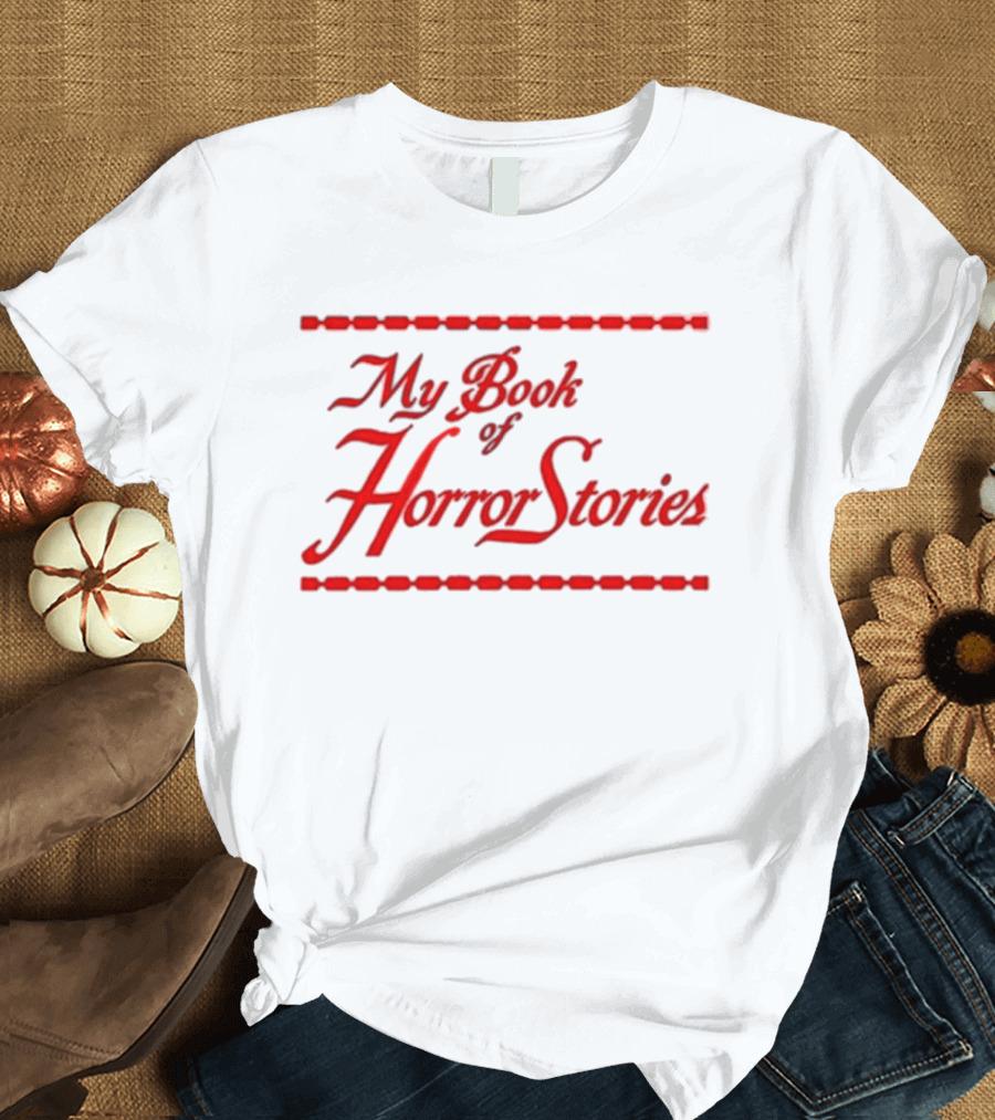 My Book of Horror Stories Red Gothic Text with Chain Border T-Shirt