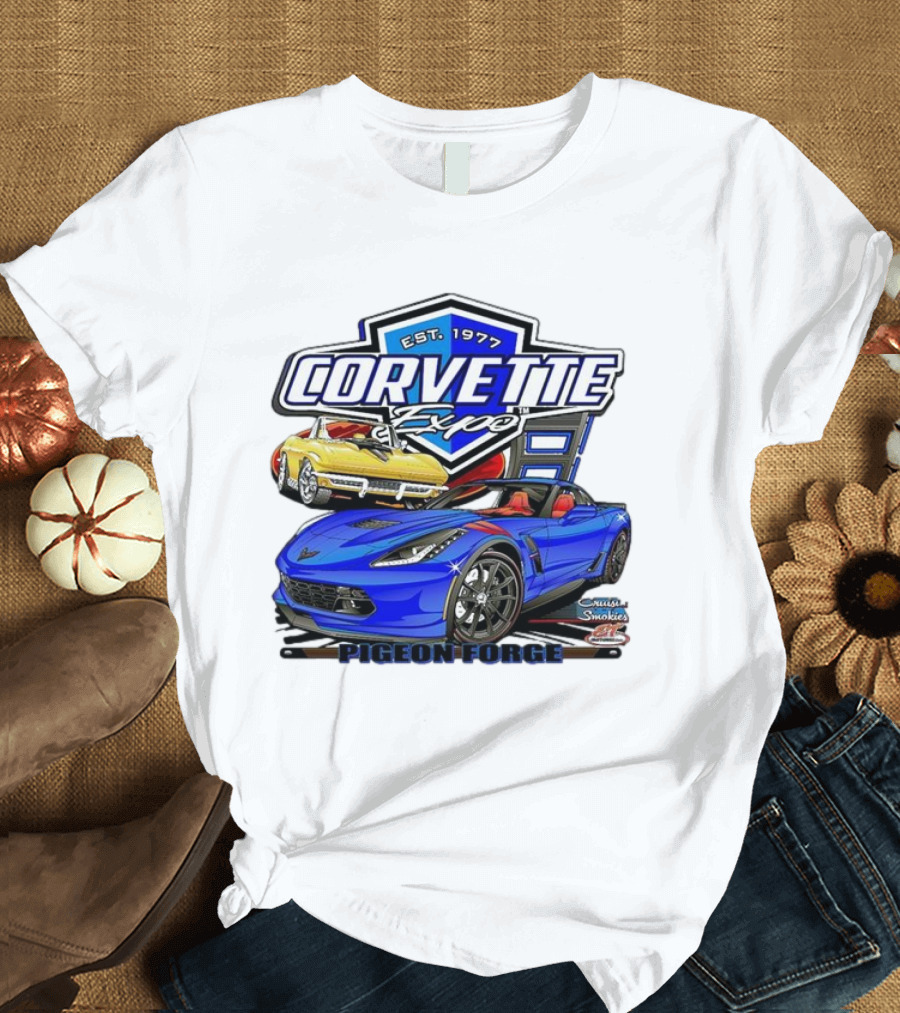 Corvette Expo Pigeon Forge 1977 Blue and Yellow Cars Cruise the Smokies T-Shirt