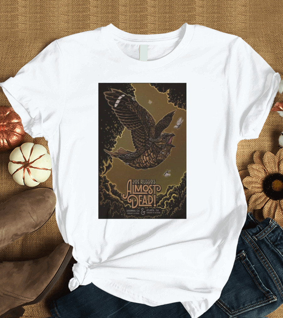 Joe Russo's Almost Dead 2025 Tour Savannah and Atlanta Dates with Owl and Moths Imagery T-Shirt