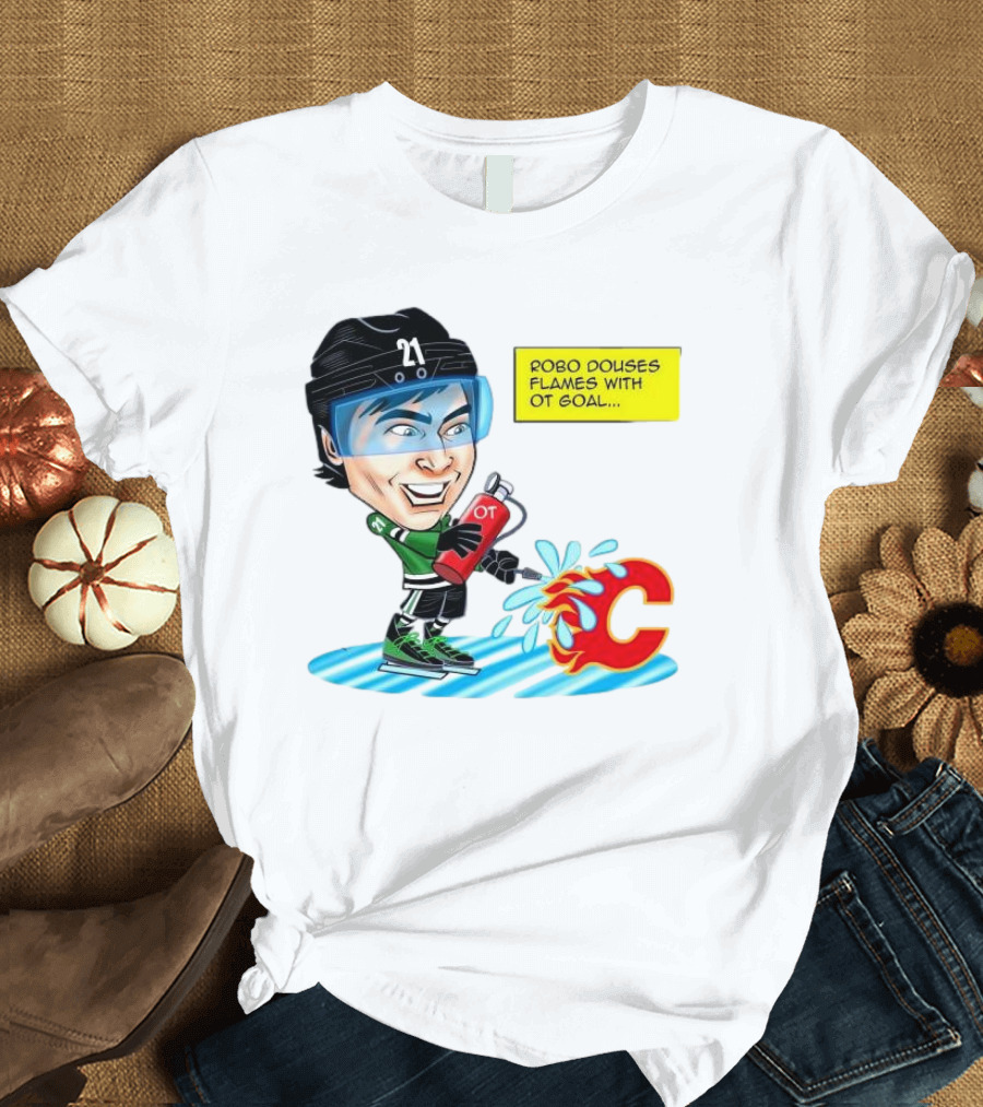 Robo Douses Flames with OT Goal Hockey Player Cartoon extinguishing Calgary Flame Logo T-Shirt