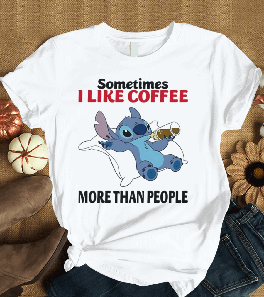 Stitch Sometimes I Like Coffee More Than People Relaxing with Cup T-Shirt