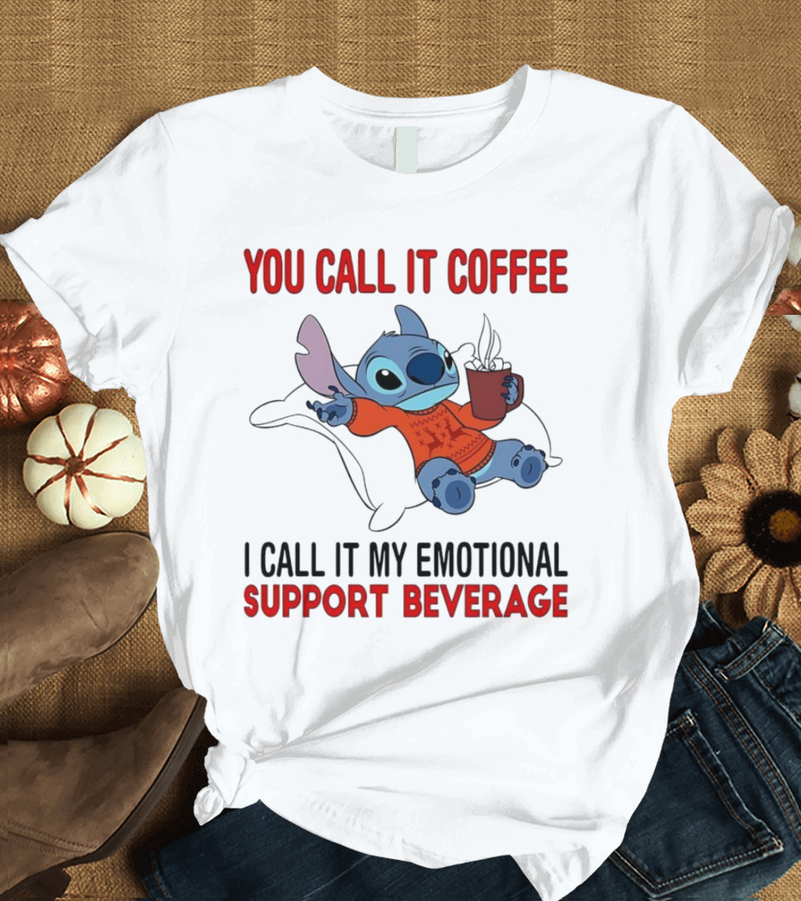 Stitch You Call It Coffee I Call It My Emotional Support Beverage Blue Alien Character with Hot Drink in Red Sweater T-Shirt