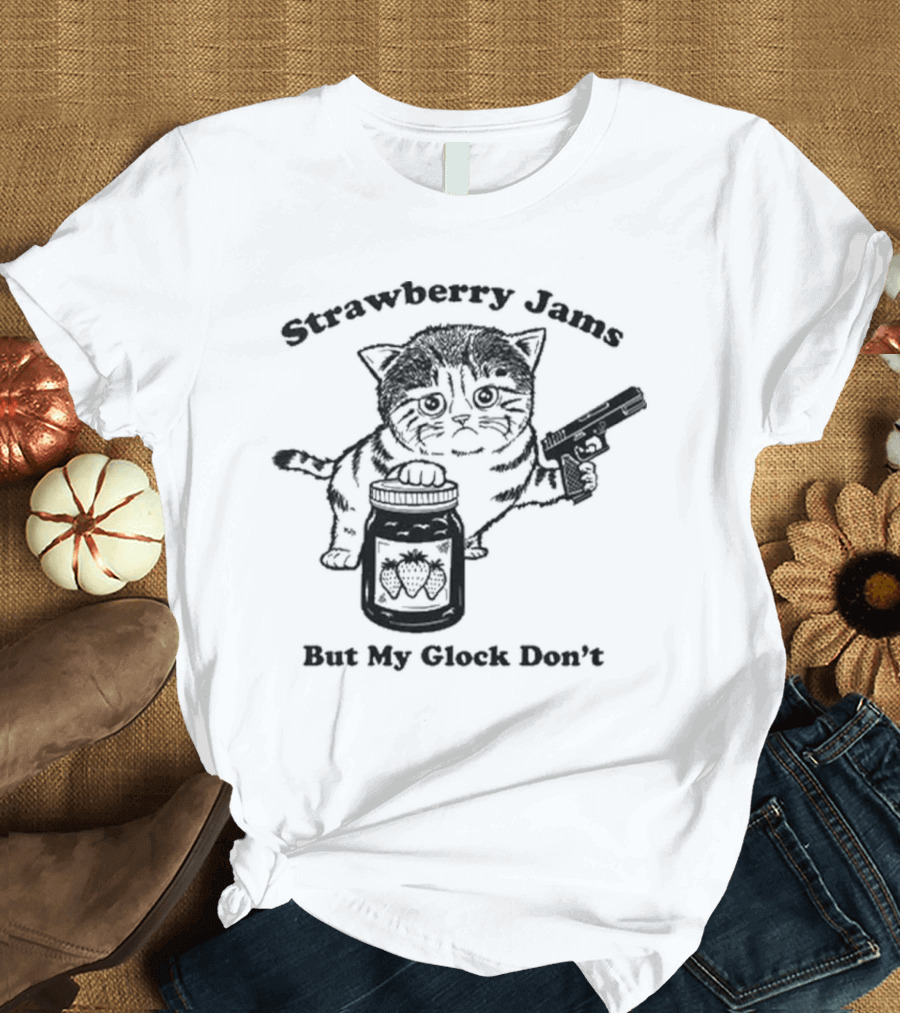 Strawberry Jams Cat with Gun and Jar T-Shirt