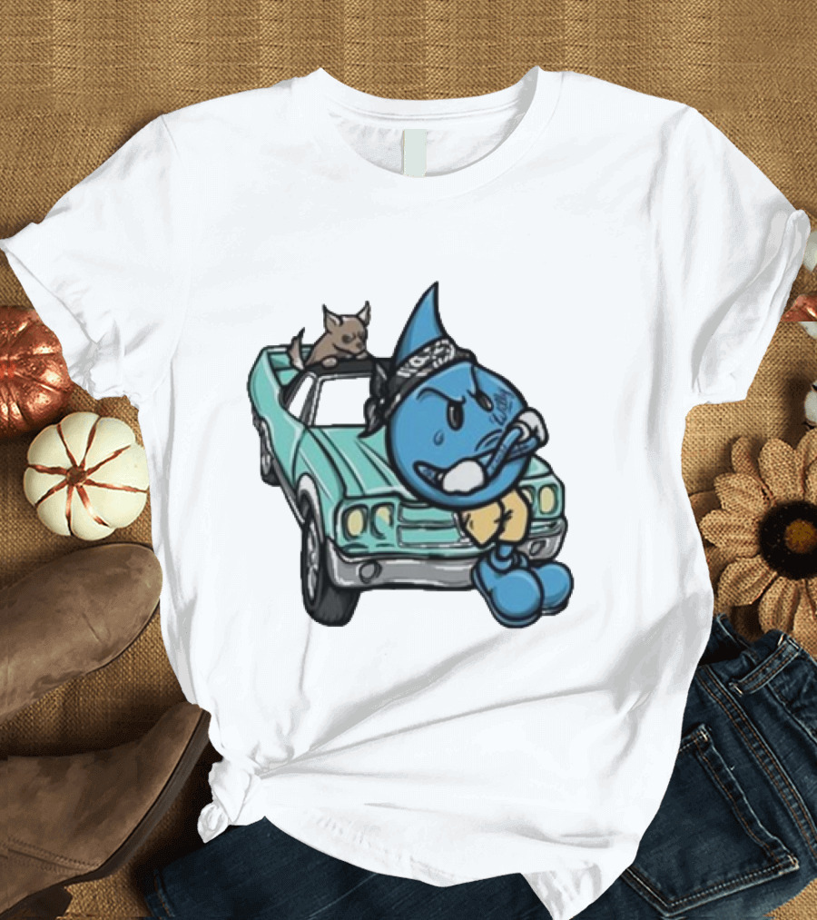 Thornhill Bat White Blue Cartoon Character with Dog in Classic Car T-Shirt