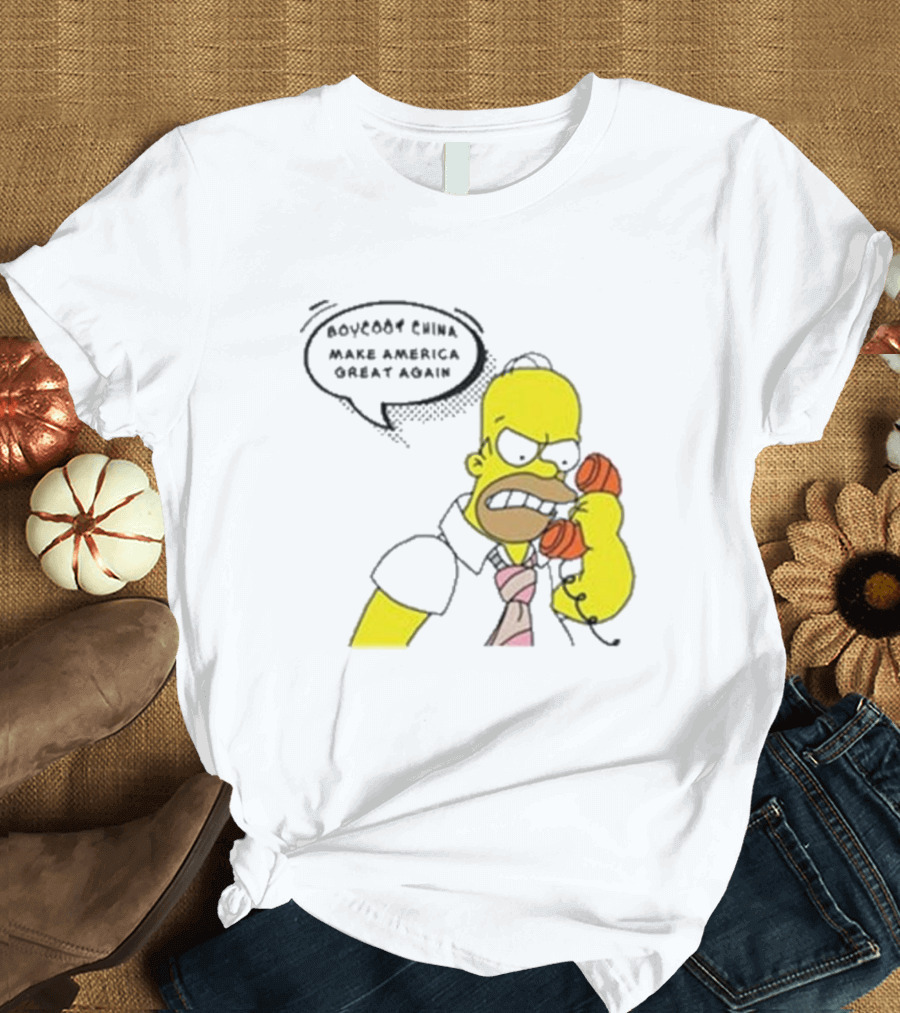 Boycott China Make America Great Again Simpsons Character Holding Phone T-Shirt