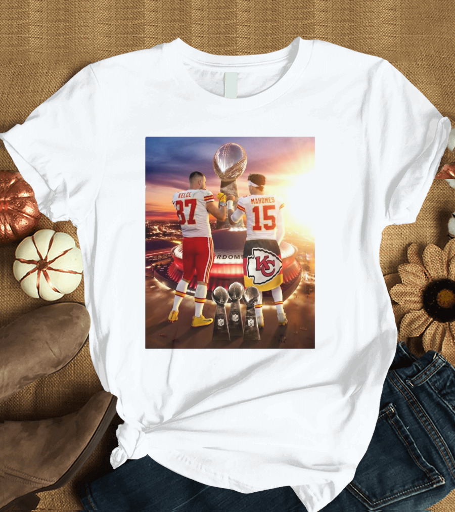 Travis Kelce Patrick Mahomes Kansas City Chiefs 2 Bros Chasing Fourth Title Super Bowl LIX Trophy 87 15 T-Shirt