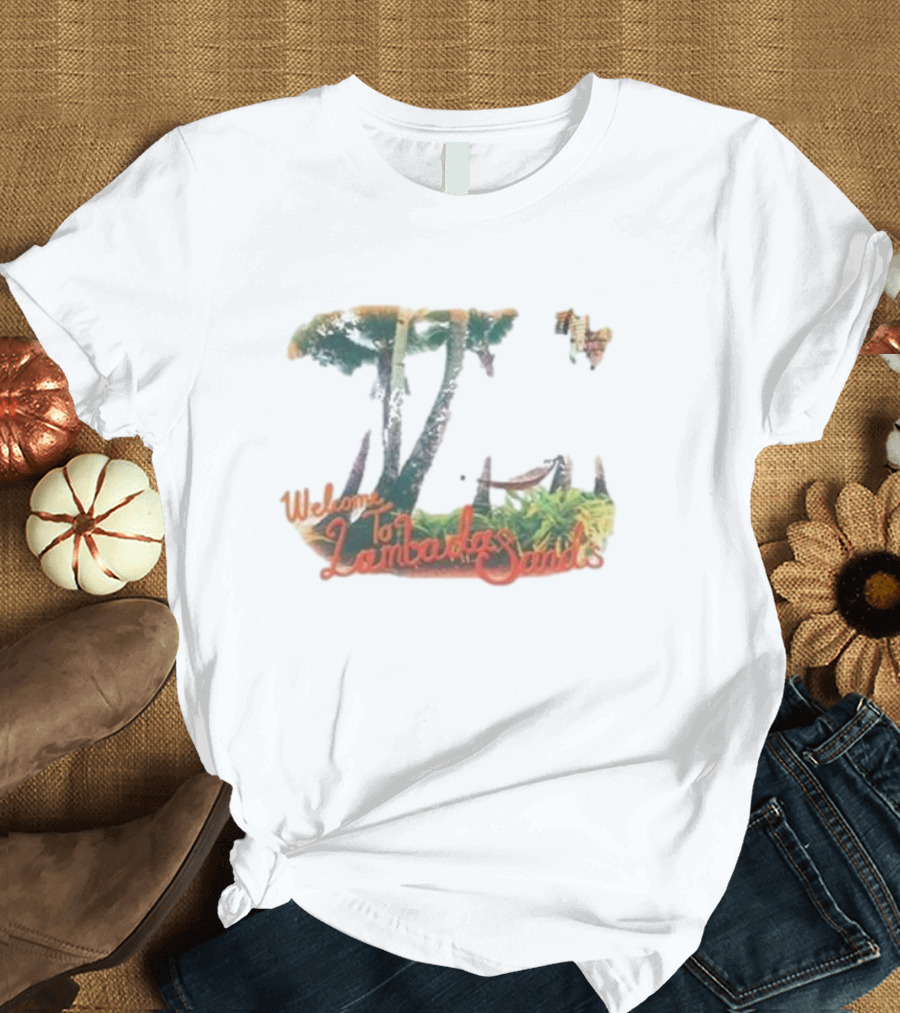 Welcome to Lambada Sands Tropical Paradise Oceanfront Sunset with Palm Trees and Sailboat T-Shirt