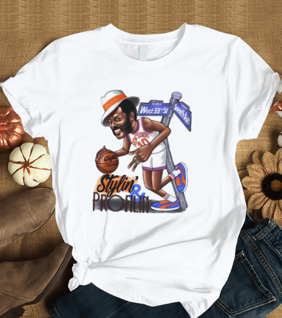 West 33rd St Seventh Ave Clyde Stylin Profilin New York Knicks Walt Frazier T-Shirt