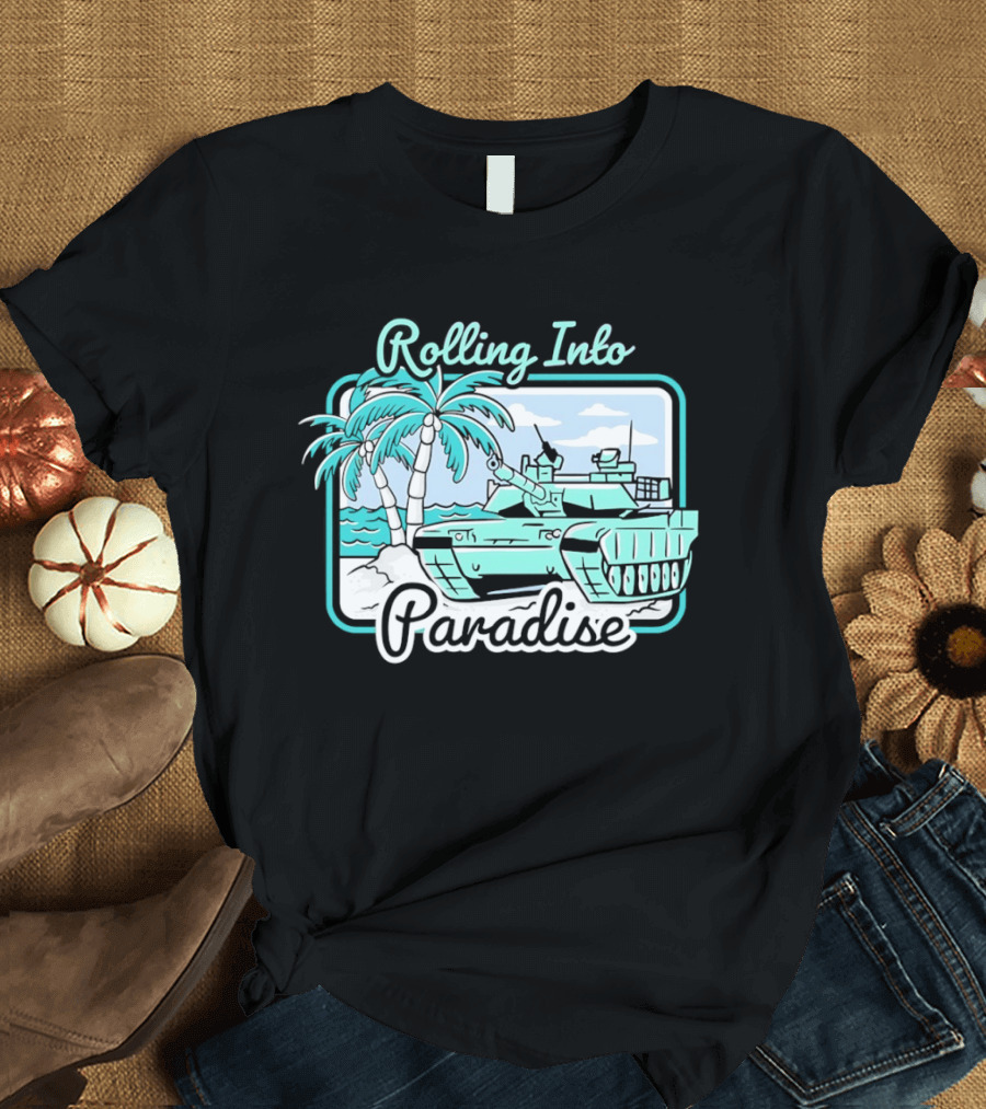 Rolling Into Paradise Tropical Beach Tank Palm Trees Ocean Scene T-Shirt