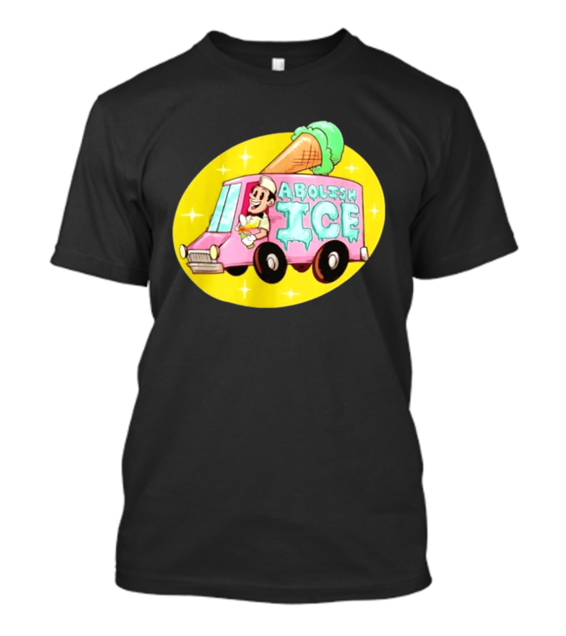 Abolish Ice Pink Ice Cream Truck With Melting Cone On Yellow T-Shirt