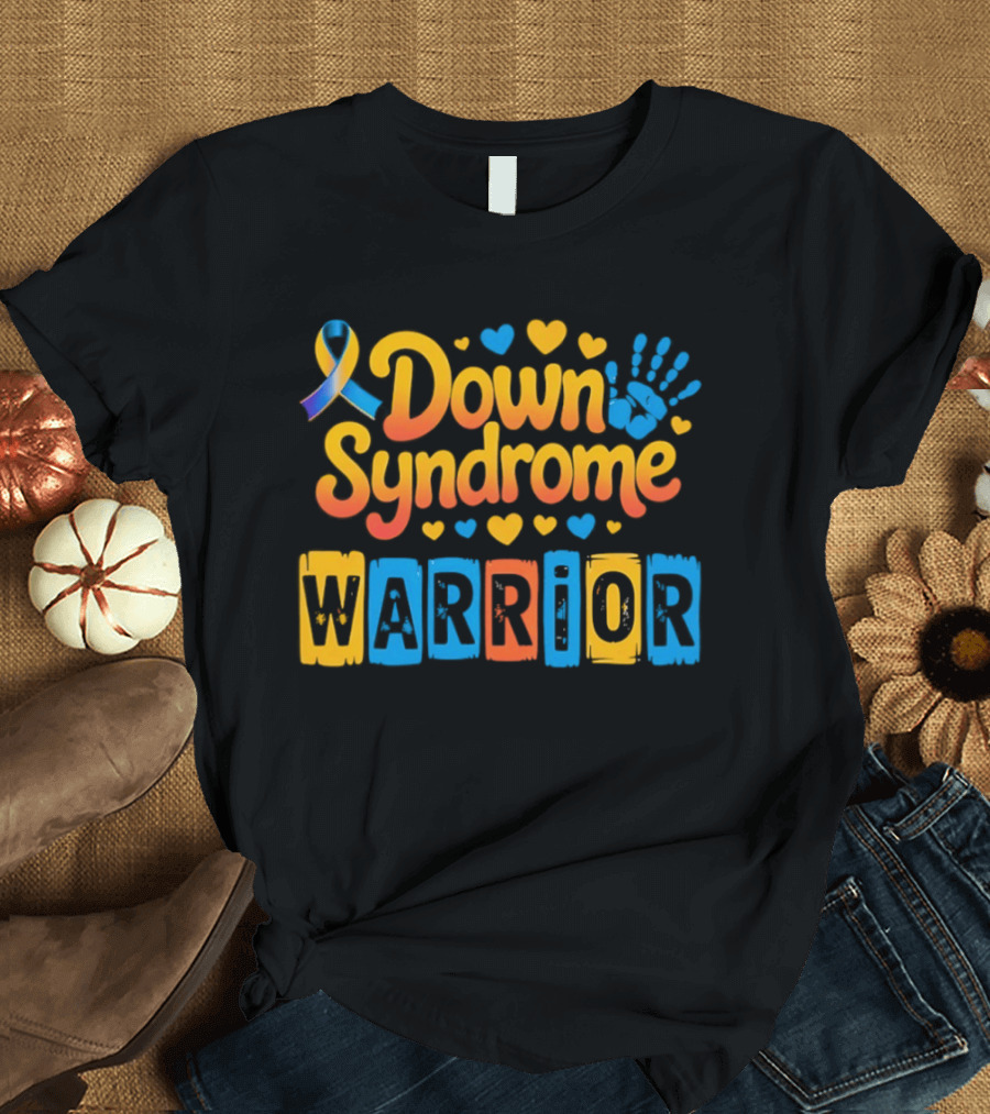 Down Syndrome Warrior Ribbon Handprint Hearts T-Shirt