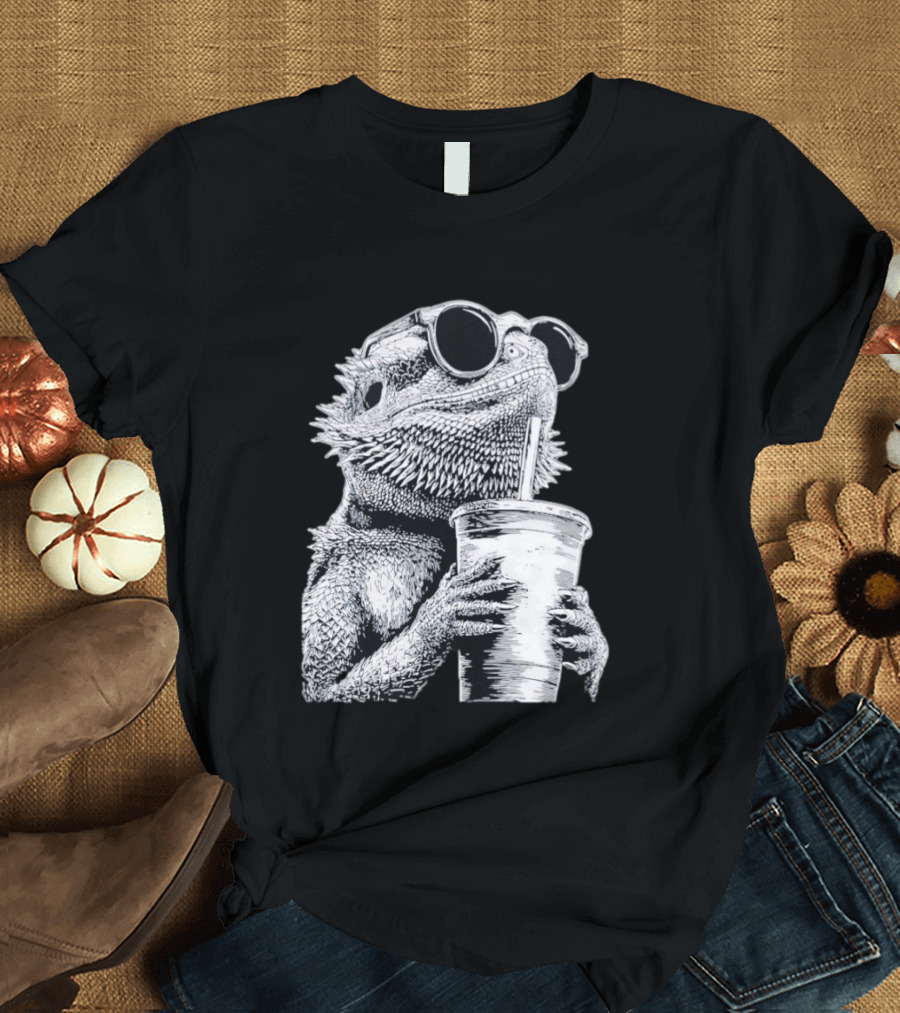 Bearded Dragon With Sunglasses Drinking Iced Coffee T-Shirt